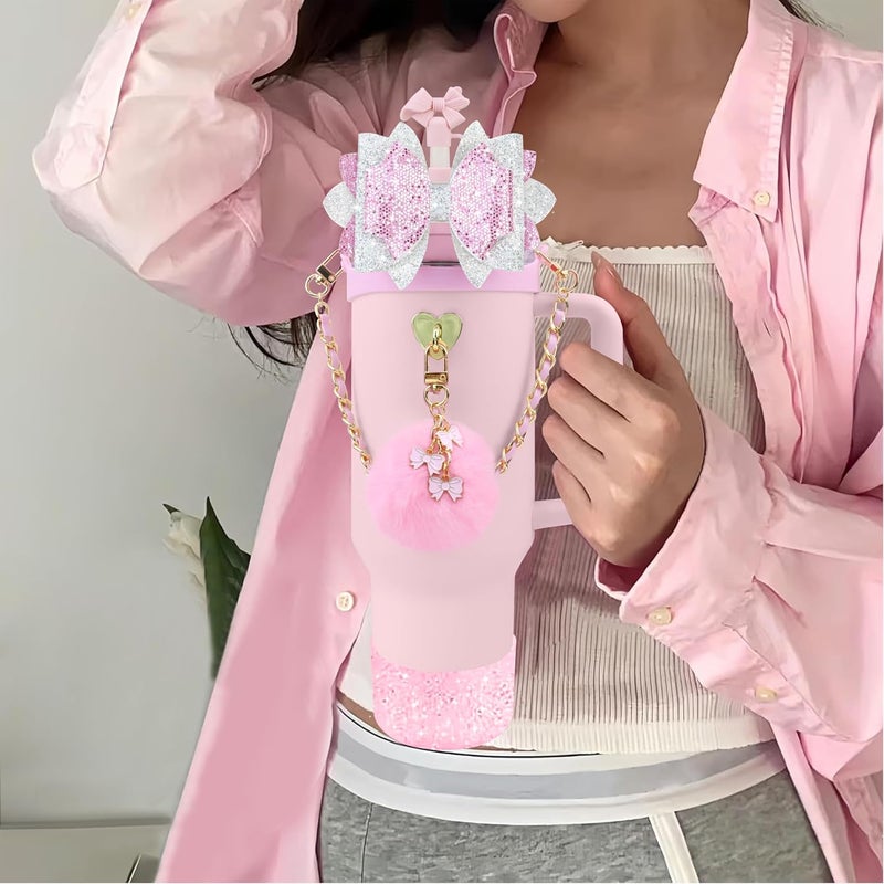 SEMATA Bling Accessories for Stanley Cup 40oz & 30oz Tumbler Including Silicone Cute Bow Straw Topper Cover, Silicone Boot for Stanley Cup,Leather Water Bottle Handle Strap, Charms(Cherry Blossom) - Image 4